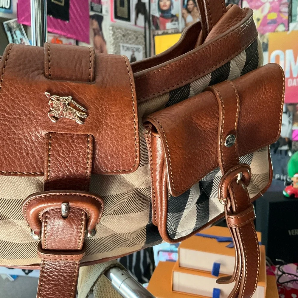 BURBERRY Satchel Canvas Check Shoulder Bag Caramel - Picture 14 of 15